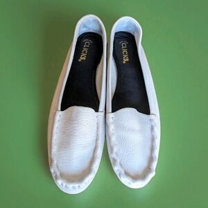 Clicks White Soft leather Driving Shoes Flats Slip On Moccasin Sz 10 Good Condit